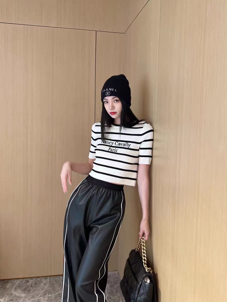 時髦博主INS風 細膩美麗諾羊毛 經典條紋短袖針織衫