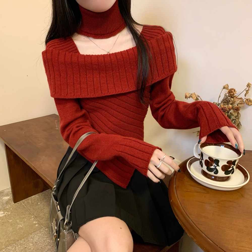 美拉德穿搭咖色不規則脖套毛衣方領小心機掛脖針織打底衫內搭秋冬