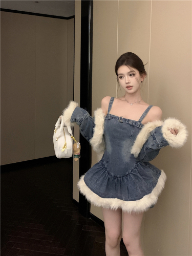 Real shot!  Autumn and winter retro fur collar denim jacket, puffy dress, thickened lamb wool suit for women