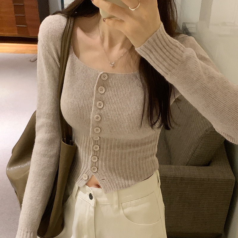 實拍圖方領短款收腰修身長袖針織衫女秋冬新款小個子開衫毛衣