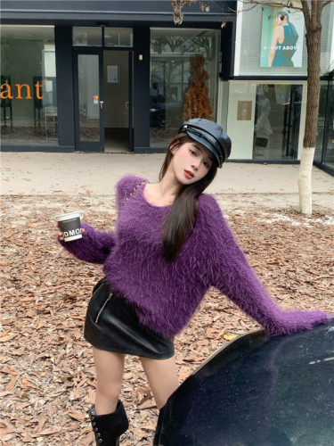 Actual shot ~ Plush, soft and waxy imitation mink fur purple off-shoulder sweater autumn and winter new loose knitted top