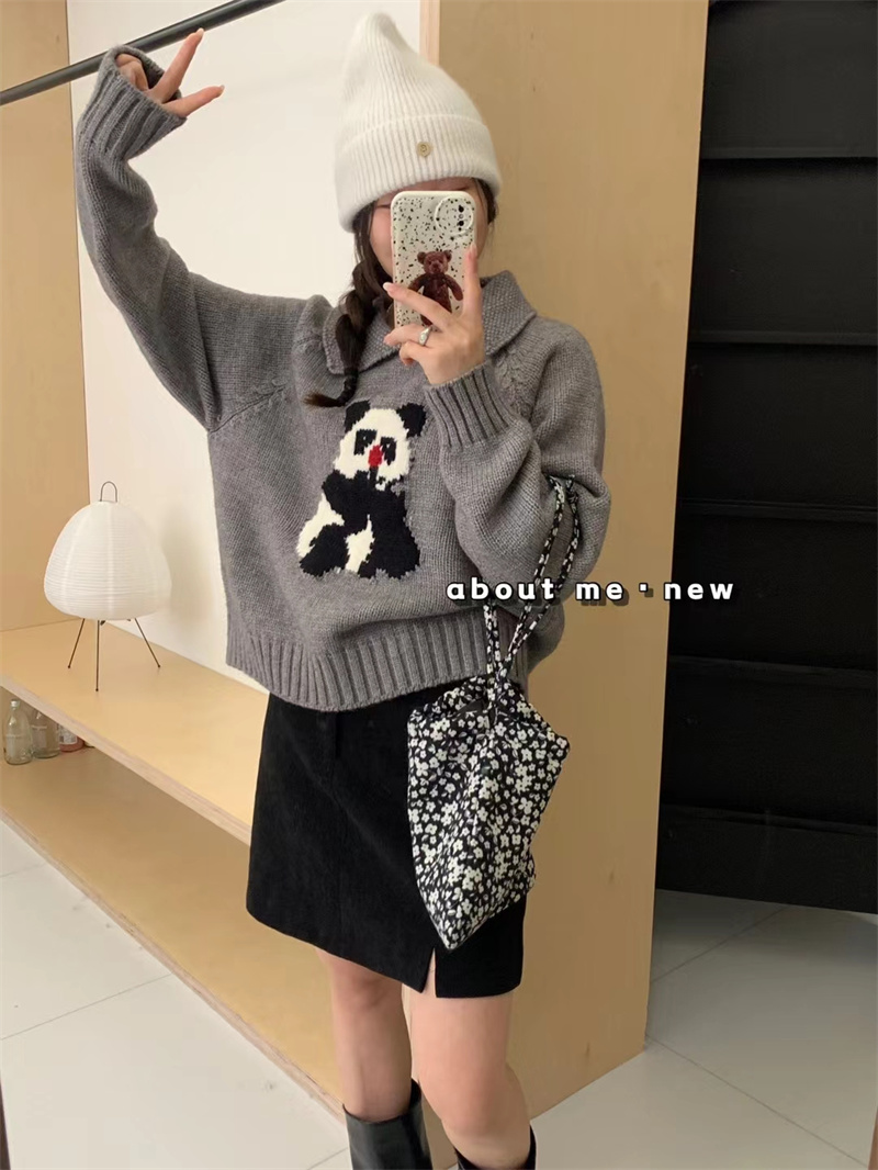 韓系復古小翻領熊貓短款毛衣女秋冬設計感寬鬆軟糯保暖針織衫上衣