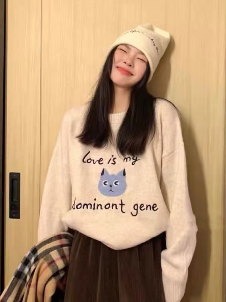 秋季2023韓版新款卡通小貓咪刺繡軟糯寬鬆減齡百搭針織衫毛衣女