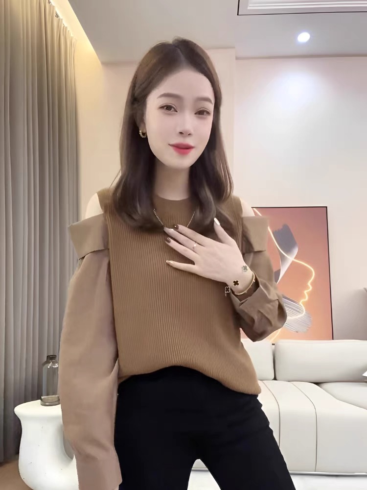 早秋季鏤空長袖針織衫秋裝女2023年新款設計感拼接露肩修身上衣女