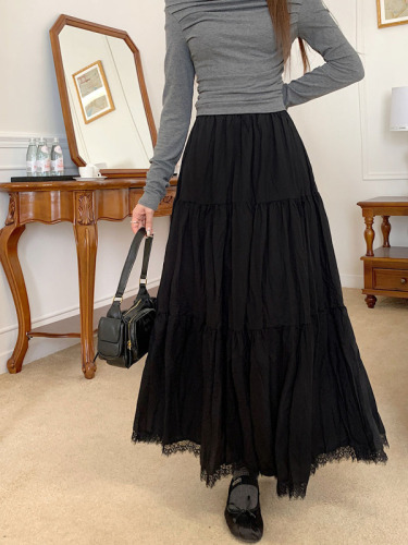 Actual shot ~ 2024 new Korean style pleated long skirt with spliced ​​lace and large hem skirt
