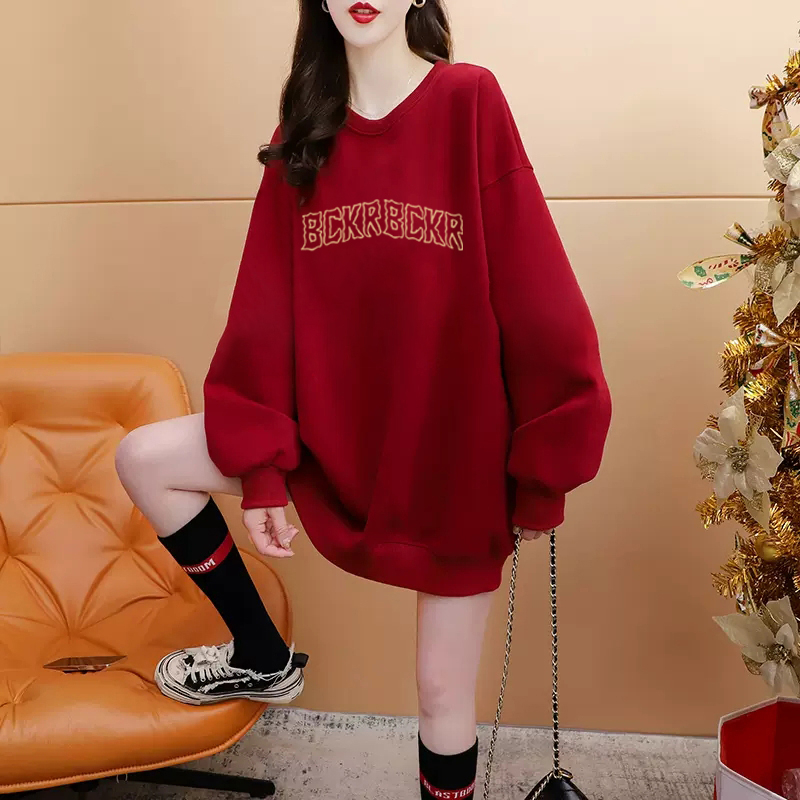 網圖 秋冬韓版寬鬆複合300克銀狐絨400克紅色拜年服加絨衛衣女