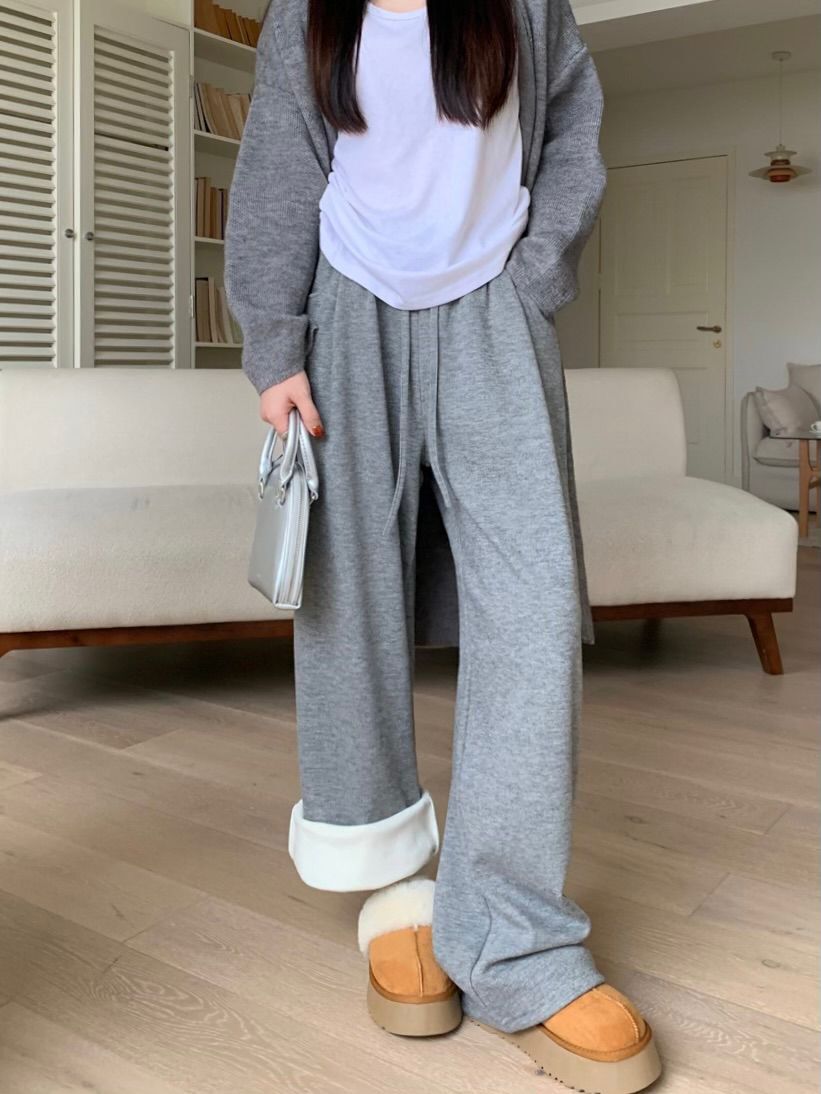 實拍 新款韓版加厚baby絨高腰休閒軟糯顯瘦直筒拖地褲