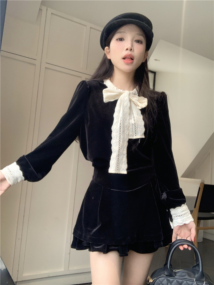 實拍~赫曼千金小香風黑色絲絨套裝秋冬年會上衣聖誕穿搭女