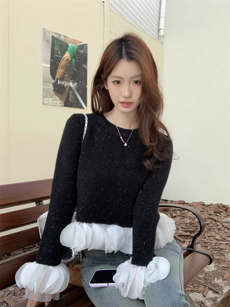 Real shot French retro design splicing petals fine glitter round neck short pullover sweater for women