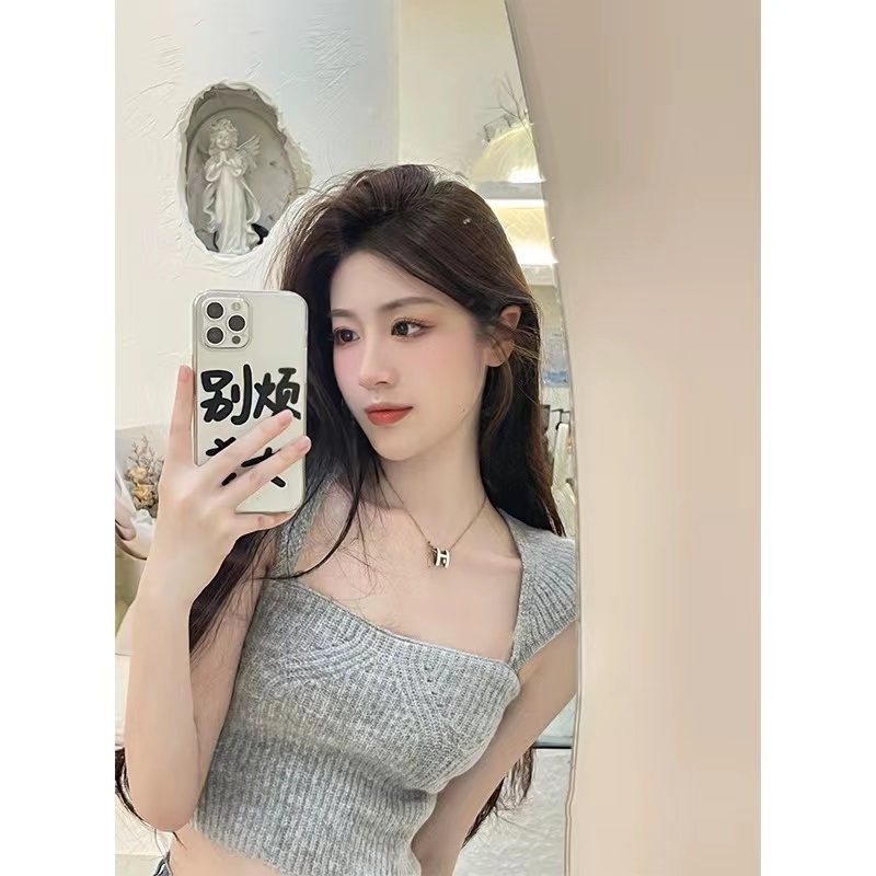 韓版別致設計感辣妹方領短袖針織衫女夏季修身顯瘦小個子短款上衣