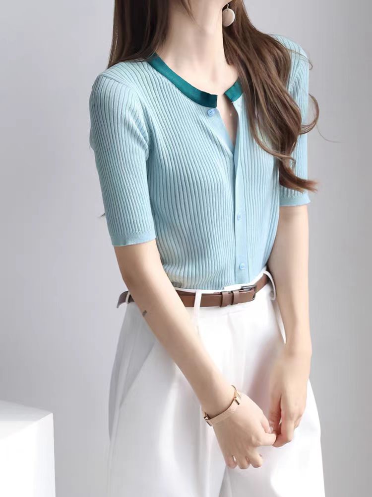 法式時尚氣質冰絲撞色針織開衫薄款女2023夏季設計感黃色短袖上衣