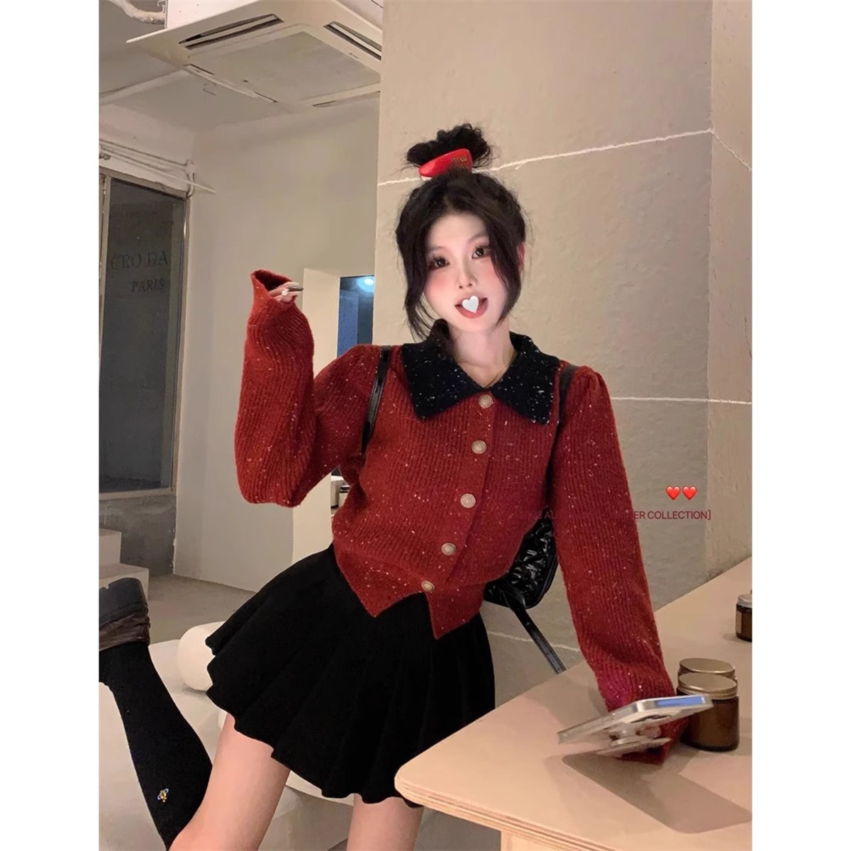 復古撞色長袖毛衣女裝秋冬2023新款設計感翻領單排扣短款針織上衣