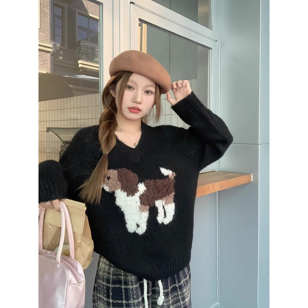 Sheep wool retro soft and waxy loose age-reducing lazy style V-neck pullover long-sleeved knitted sweater for women