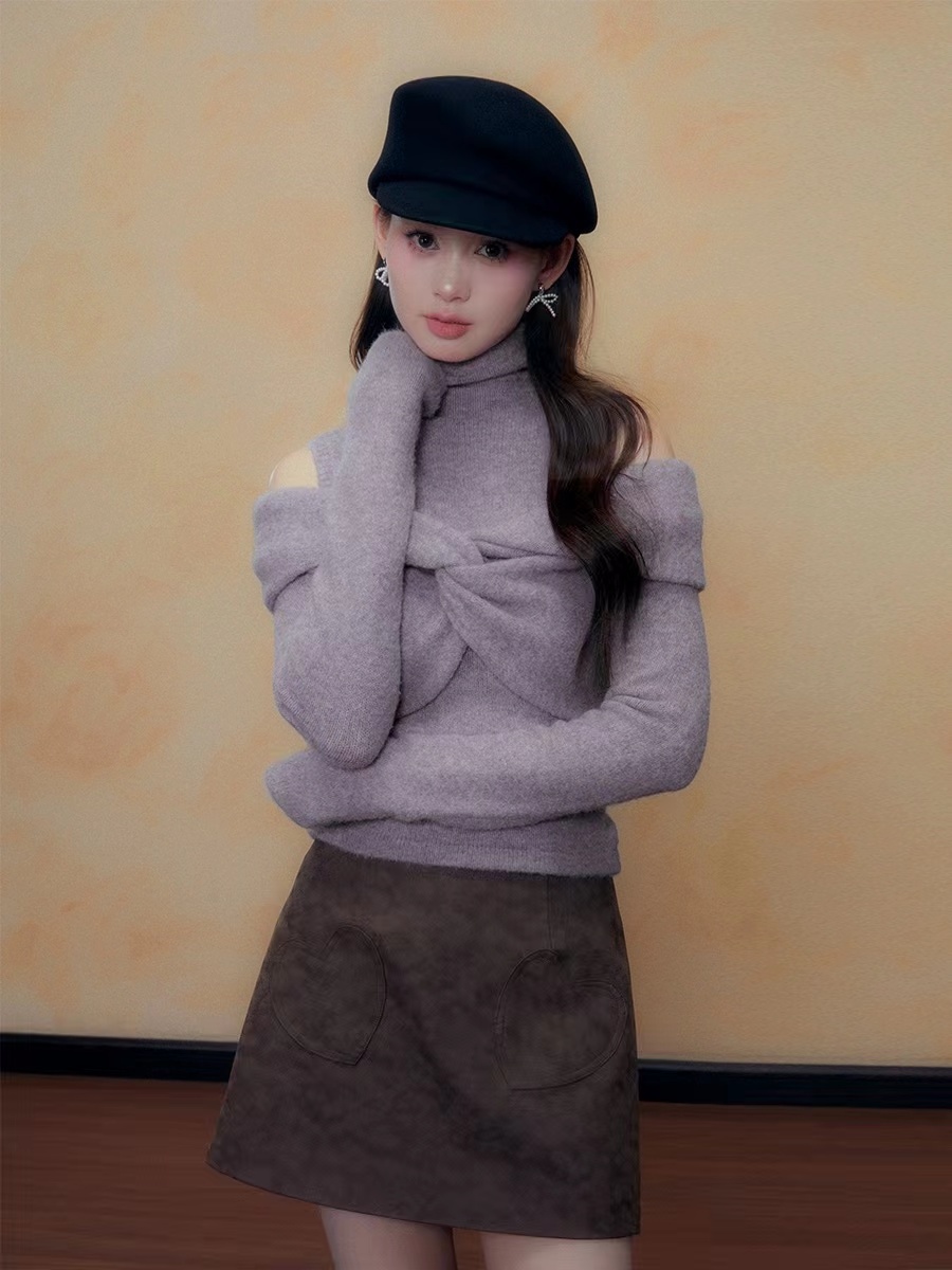 DKZ 紫色針織兩件套女秋小高領針織背心蝴蝶結套頭衫