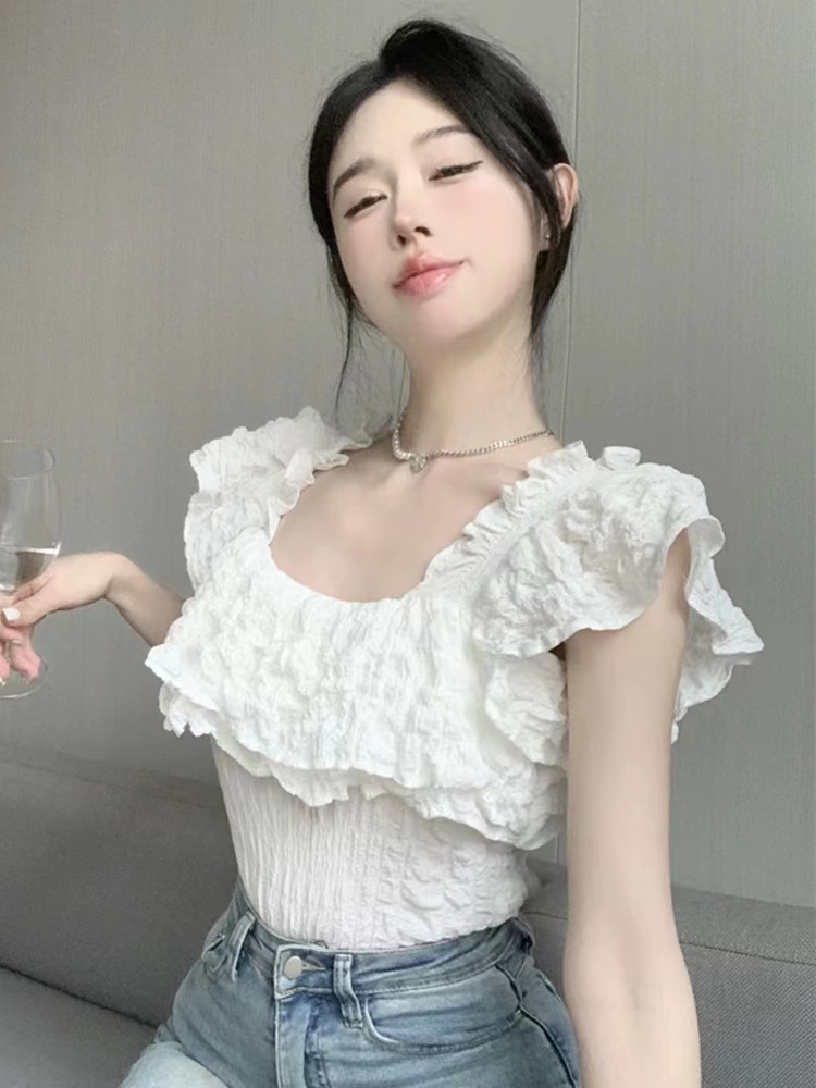 法式溫柔方領褶皺小飛袖襯衫女裝夏季甜美別致顯瘦小眾設計感上衣