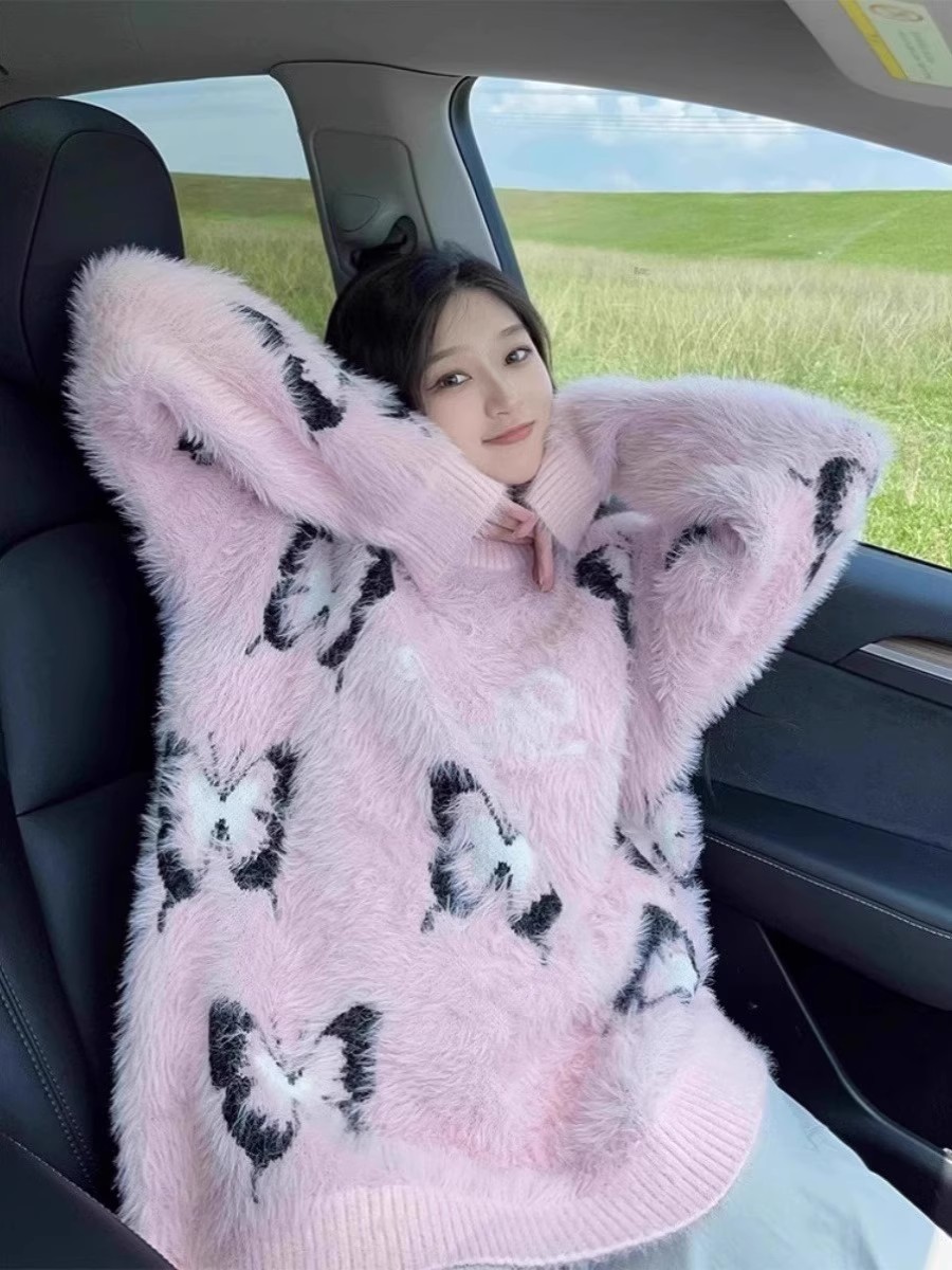 DYXY美式慵懶風蝴蝶秋冬毛衣設計感圓領小眾套頭寬鬆針織衫女上衣