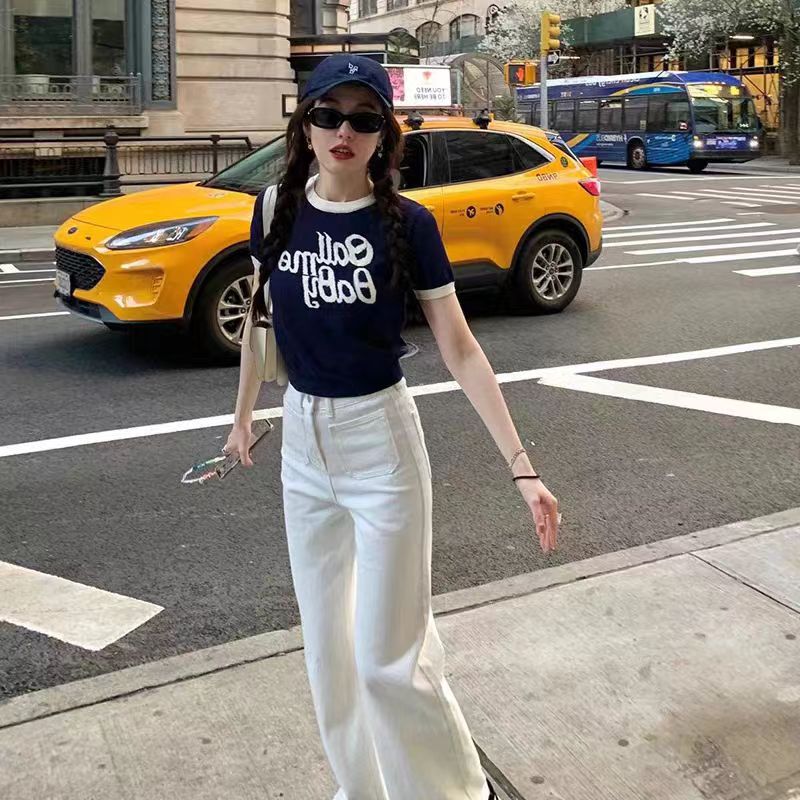 美式復古正肩短袖t恤女夏季設計感小眾短款顯瘦修身純棉針織上衣
