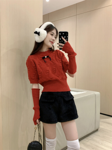 Actual shot of Christmas red lazy style round neck versatile bow knot slim sleeve sweater