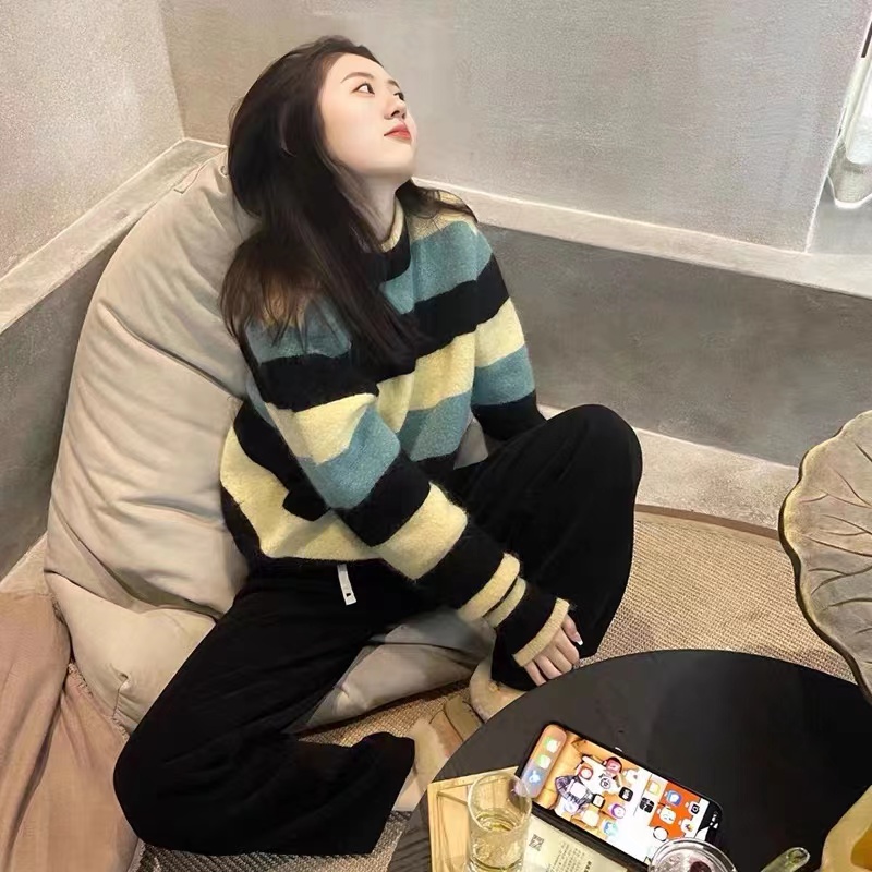 奶fufu彩色條紋撞色慵懶毛衣女秋冬2023年新款超好看針織衫上衣女