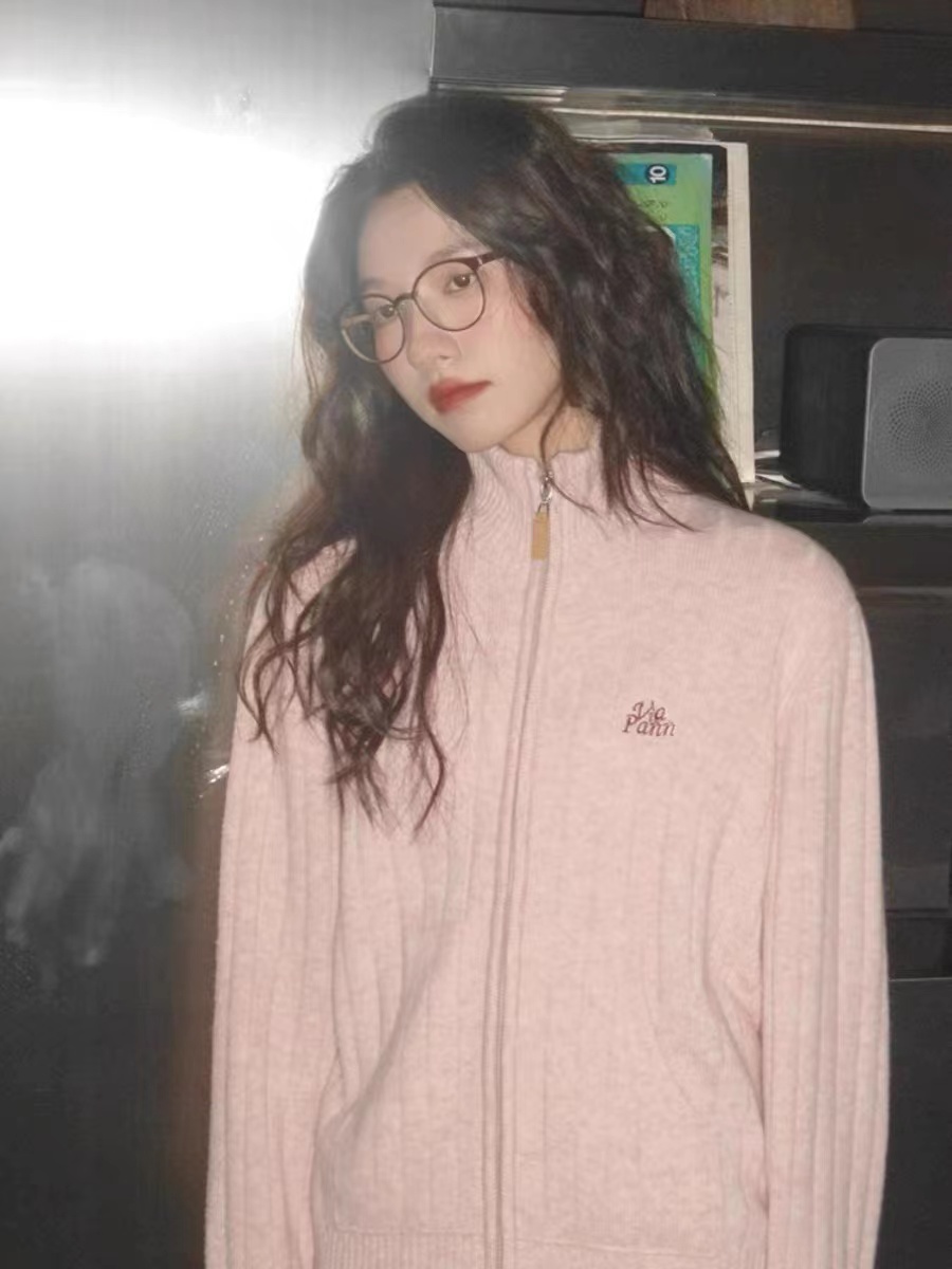 粉色條紋拉鏈高領針織毛衣外套女秋冬外穿開衫上衣寬鬆慵懶風冬季