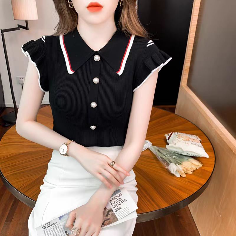 娃娃領冰絲針織t恤女裝夏裝2023年新款短袖上衣設計感洋氣打底衫