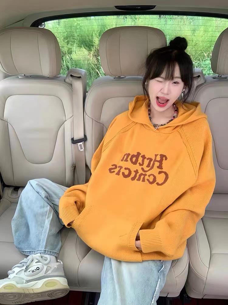韓版復古字母提花長袖毛衣外套女2023秋冬新款慵懶風連帽百搭上衣