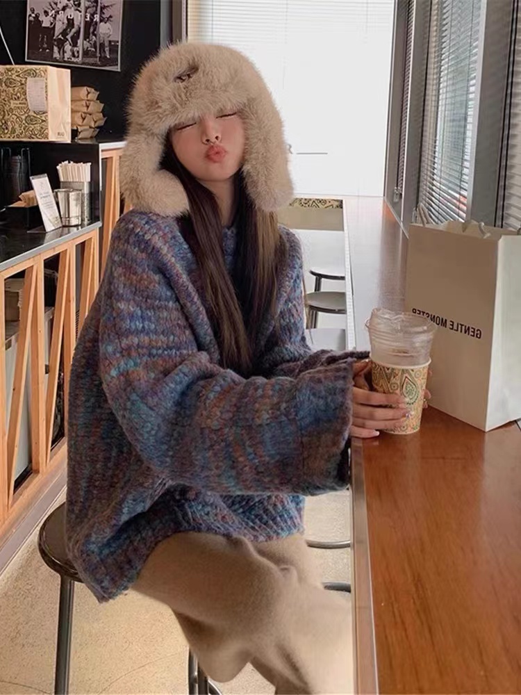 陳楠佳粗棒針92羊毛秋冬外穿寬鬆慵懶風毛衣女加厚針織衫上衣