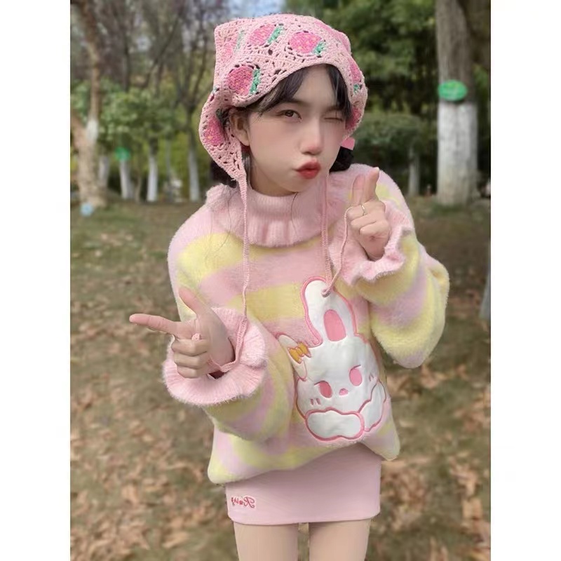 日系軟糯設計感小眾卡通小兔高領花邊毛衣女春季甜美加厚針織上衣