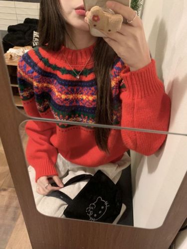 Actual shot of three standard atmospheric jacquard contrasting round neck pullover sweaters for women