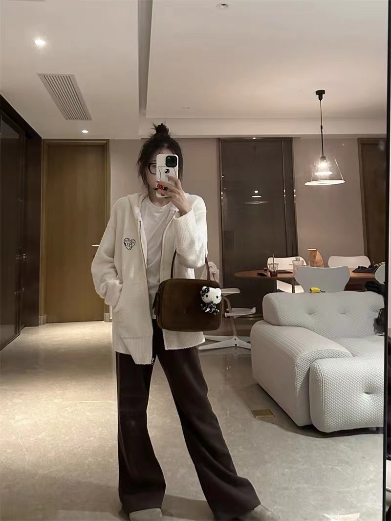 OPENING自製 毛絨絨愛心小狗連帽毛衣外套女秋冬百搭寬鬆長袖上衣