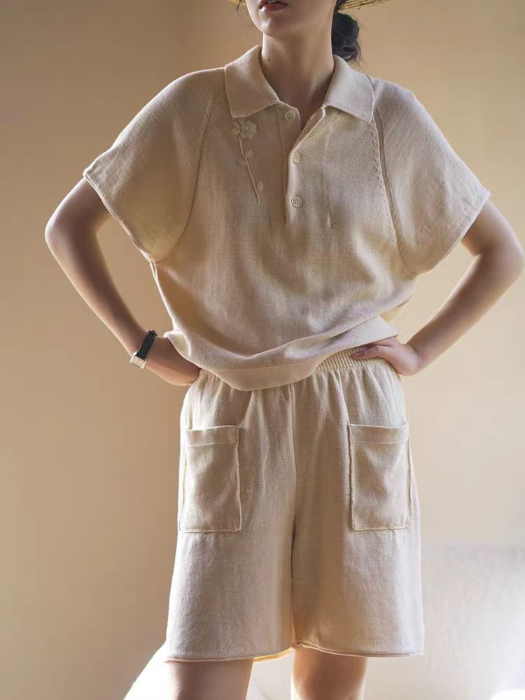 夏季新款寬鬆polo衫短袖女法式刺繡薄款冰絲針織衫t恤蝙蝠袖上衣