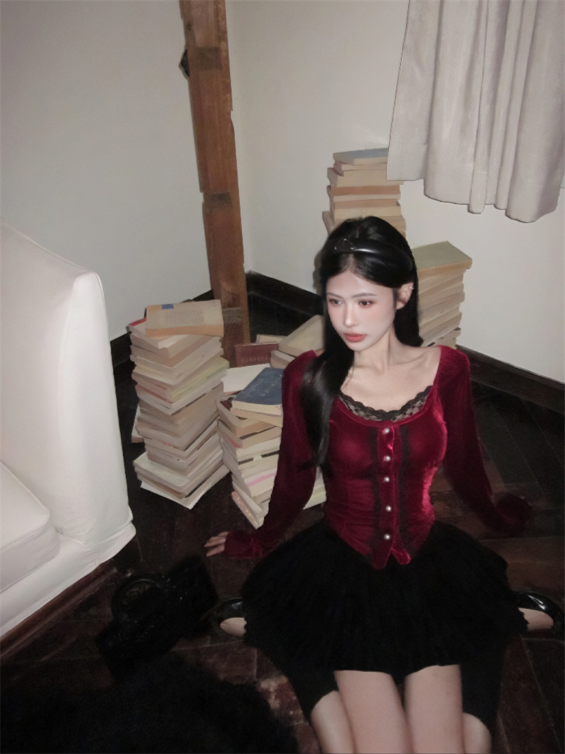 實拍  辣妹方領蕾絲千金風蝴蝶結T恤女氣質絲絨襯衫上衣