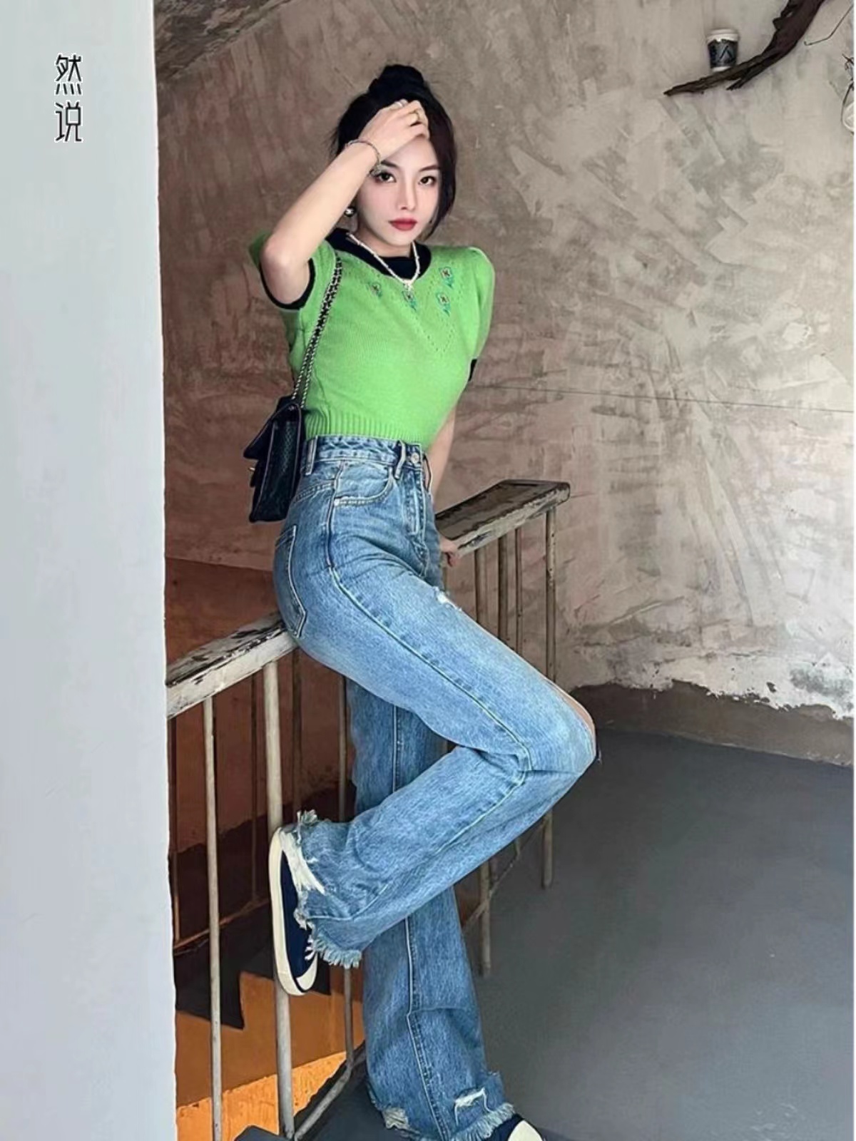 甜美奶乖輕奢小眾炸街獨特上衣超好看減齡綠色針織短袖t恤女夏季