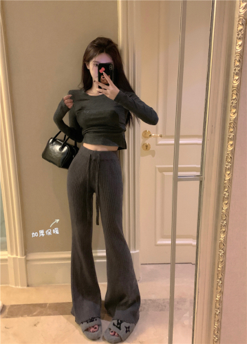 Actual shot of autumn and winter warm thickened ribbed loose micro-flared knitted pants
