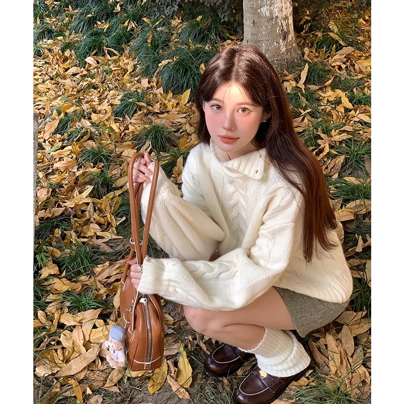 氣質白色羊毛毛衣女2023秋冬新款小個子設計感慵懶針織上衣