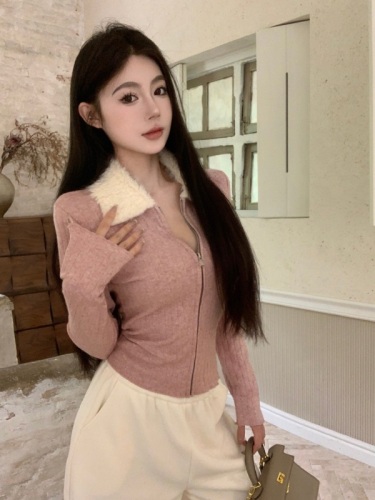Actual shot of autumn and winter spliced ​​fur collar zipper knitted cardigan slim fit bottoming top