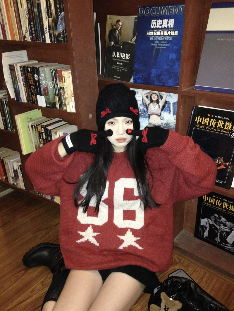 實拍~韓系鬼馬少女聖誕新年氛圍感紅色提花寬鬆毛衣