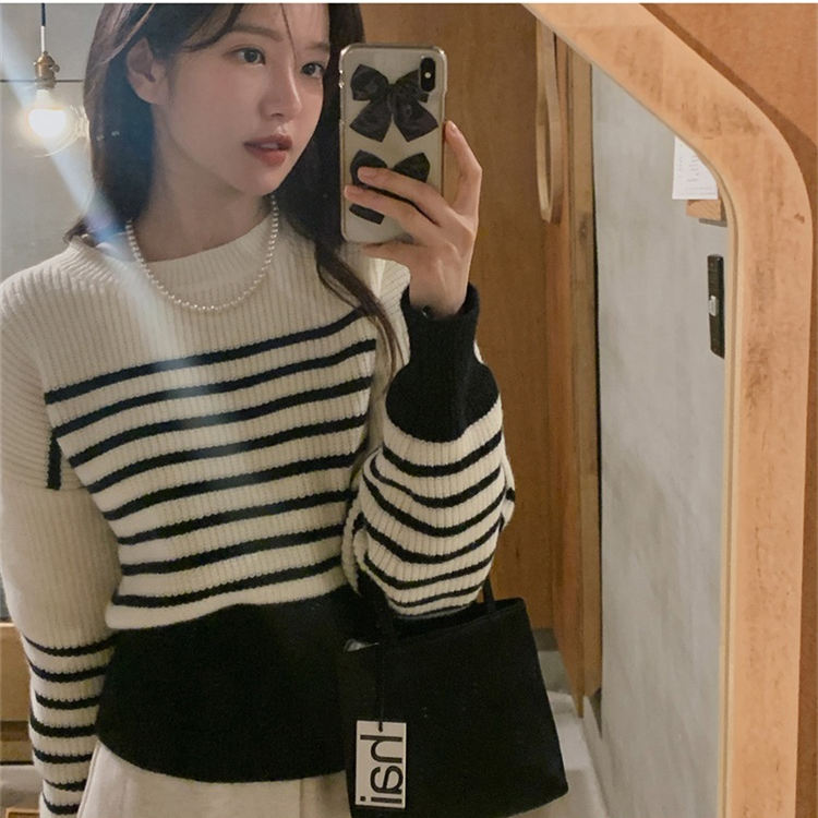 High quality 2024 Korean style autumn and winter sweet girly Korean style striped thickened sweater sweater