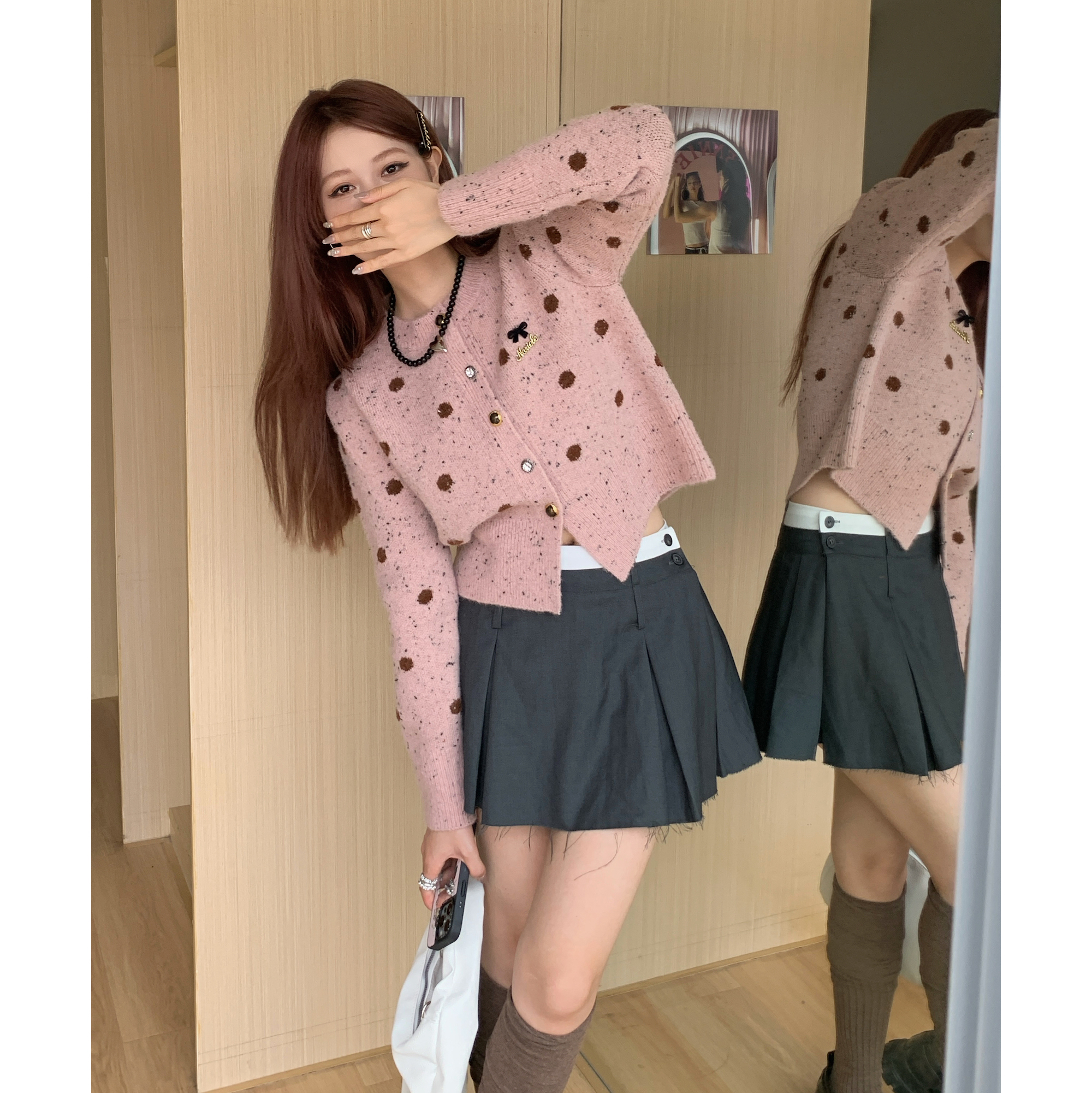 Actual shot of autumn and winter warm thickened puff sleeve sweater jacket cute polka dot sweater cardigan