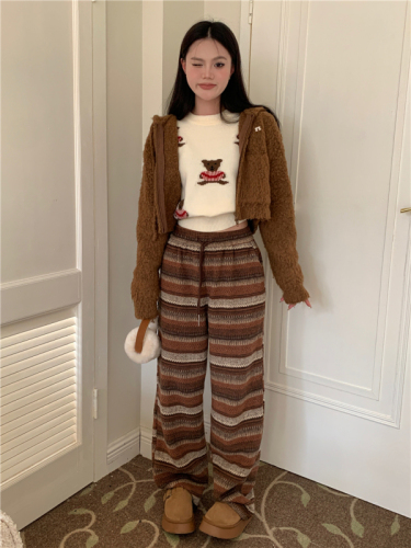 Actual shot of Maillard striped high-waist slim loose woolen thickened casual straight wide-leg pants