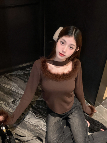 Real shot of a hot girl wearing a pure lust furry patchwork hollow halter neck sweater with a short bottoming top