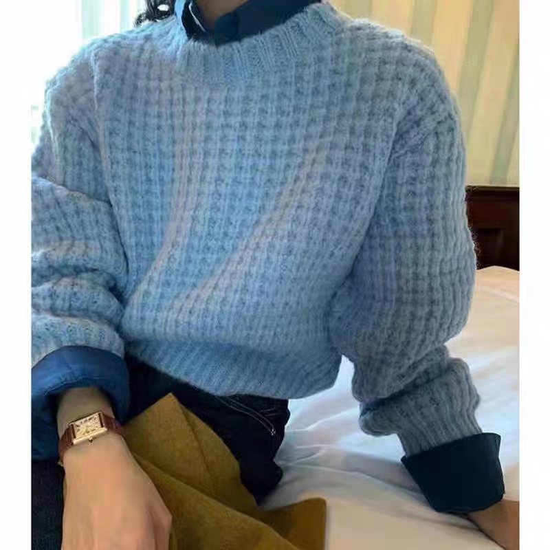 高級感超好看奶fufu藍色毛衣女秋冬2023新款菠蘿紋格子針織衫上衣
