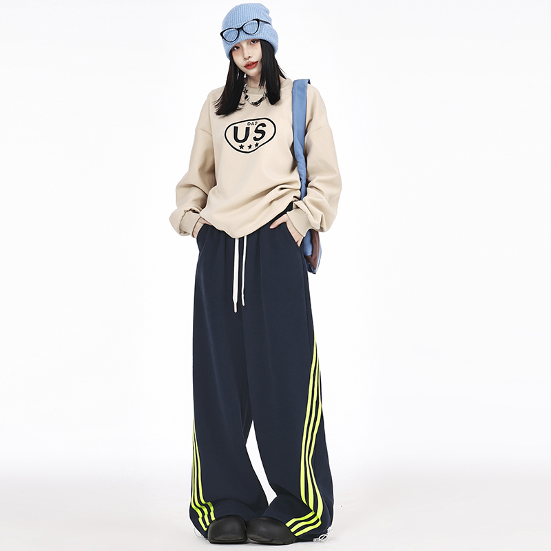 實拍鬆緊腰美式復古條紋藍色闊腿運動衛褲女休閒寬鬆垂感拖地褲子