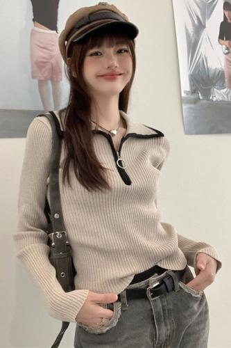 Real shot of high-end contrasting color half-zip lapel sweater autumn and winter bottoming slimming knitted top