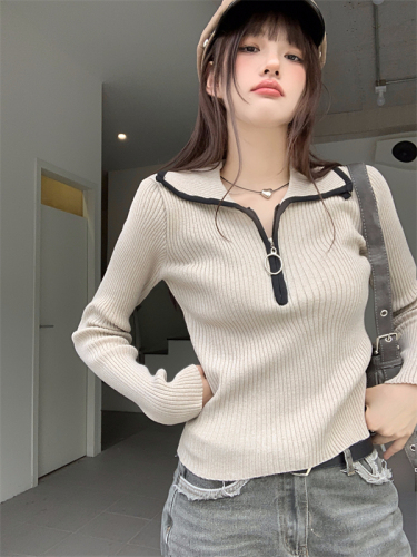 Real shot of high-end contrasting color half-zip lapel sweater autumn and winter bottoming slimming knitted top
