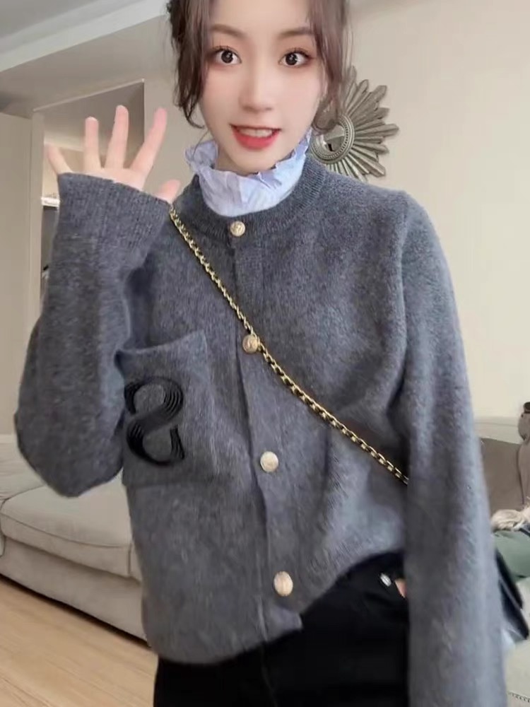 木耳邊圓領打底開衫毛衣女2023新款秋冬季今年流行漂亮針織衫上衣