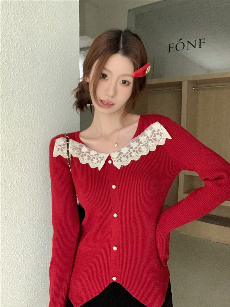 實拍 甜美風蕾絲花邊拼接坑條冬季新款設計感洋氣減齡