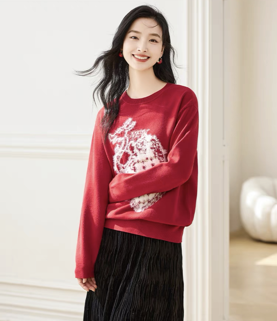 復古紅色本命年針織衫軟糯毛衣女秋冬季2023新款內搭上衣