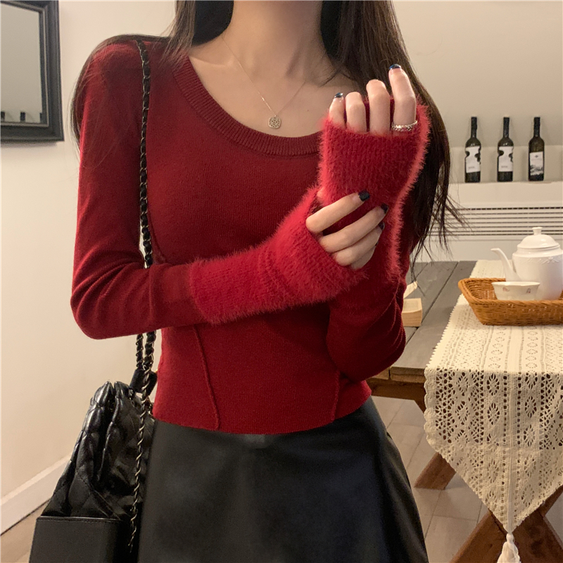 Actual shot of new autumn and winter U-neck long-sleeved slim-fitting tops slimming knitted bottoming shirt
