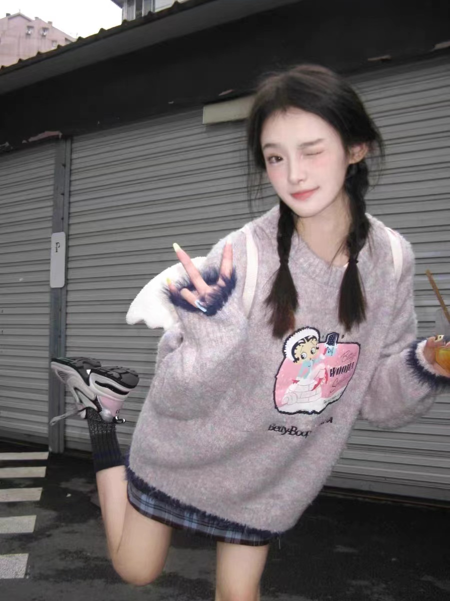 秋冬慵懶風復古設計印花奶呼呼圓領毛衣女美式學院風寬鬆百搭上衣